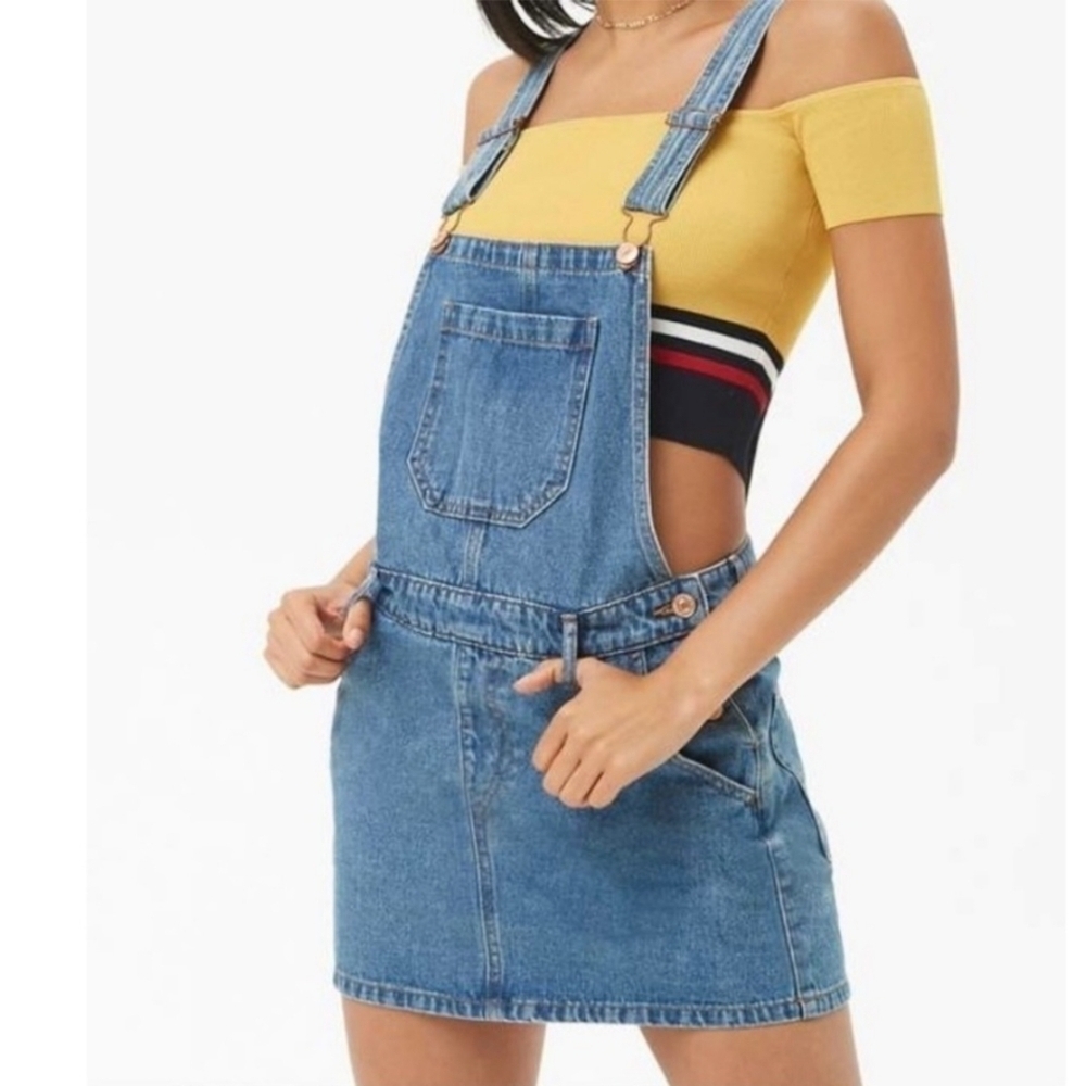 Forever 21 Blue Denim Jeans Overall Mini Skirt Dress Women's Small S Adjustable